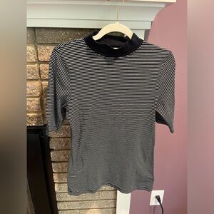 ANTHRO t.la Navy Blue and White Striped Short Sleeve Top Mock Neck Women…